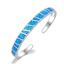 CiNily Created Blue Fire Opal Rhodium Plated for Women Jewelry Gemstone Bangle Bracelet 6 1/2"