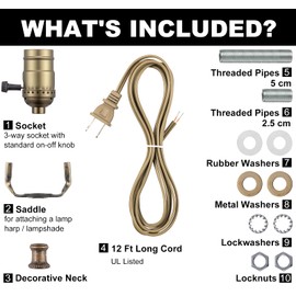 Lamp Making Kit, Lamp Parts for Repair Replacement or Rewire Table and Floor Lamps, 3 Way Socket 12 Foot Matching Cord and Essential Hardware, DIY Lamp Kits for Do It Yourself (Antique Brass)
