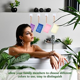 Shappy 8 bolsas de malla exfoliante para soporte de ducha, bolsillo de espuma de burbujas para mujeres, hombres y niñas (beige, azul, morado, rosa), p