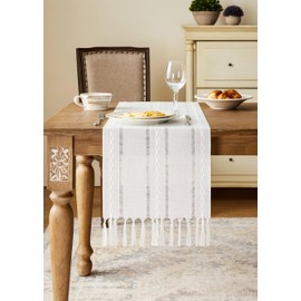 YZJZEDS Christmas White Table Runner, White 13x90 Inch, Hemstitched Farmhouse Cotton Linen Table Runners 90 Inches Long, Embroidered Striped White Boho Table Runner Rustic Home Decor