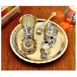 NOBILITY Silver Plated Subh Labh Pooja Thali Set 8 Inch for Mandir Temple Festival Ethnic Puja Thali Gift for Diwali Home Office Wedding Return Gift Items