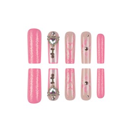 RUOKEXIN Long Press on Nails Square Fake Nails Pink Glitter Full Cover False Nails with Rhinestones Designs Fall Nail Press ons Sparkly Artificial Nails for Women 24Pcs