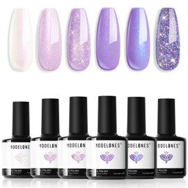 modelones Purple Glitter Gel Nail Polish Set, 6 Colors Shimmer Violet Mermaid Gel Polish Cat Eye Sparkle gel nail Soak Off Led Nail Gel Polish for Women Girl DIY Nail Art Gift