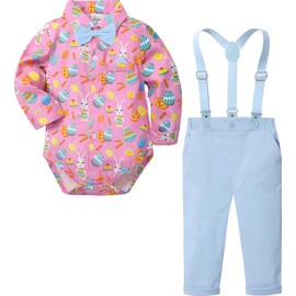 A&J DESIGN Baby Boy Suits Infant Easter Outfit Gentleman Suspenders Set Wedding Ring Bearer Formal Dress Pink Bunny and Blue Pant 9-12 Months