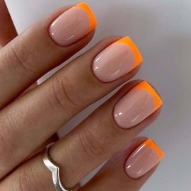 DANMANR Square Press on Nails Short Fake Nails French Acrylic Full Cover False Nails for Women and Girls 24PCS (Orange French)