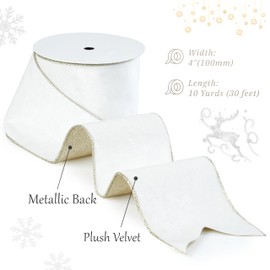 LIZLOVESS White Velvet Wired Ribbon With Glitter Back 4 Inch Gold Christmas Ribbon for Tree, Gift Wrapping, Mantel, Wreaths Supplies, Topper Bows (10 Yards)