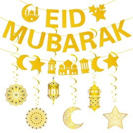 Eid Decorations - Glitter Eid Mubarak Banner Hanging Swirl Sets, Muslim Ramadan Decoratons for Eid al-Fitr and Eid al-Adha Party Supplies