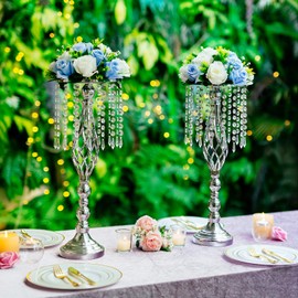 Sziqiqi Silver Metal Flower Stand with Crystal Beads for Wedding Table - 21.7in Floor Vase Stands for Road Leads Tall Tabletop Centerpiece for Party Birthday New Opening