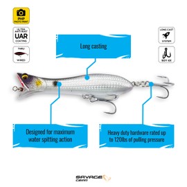 Savage Gear Panic Popper Saltwater Fishing Lure, Chrome Sardine, 3.5in, Durable Construction Holds Up to 120lbs of Pulling Pressure, Fishing Topwater Lures