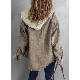 Dokotoo Winter 2025 Coats for Women Fashion Casual Long Sleeve Flannel Shirts Pocketed Color Block Oversized Button Down Hooded Fleece Corduroy Shacket Jackets Chocolate Brown Fall Clothes M