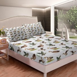Feelyou Full Size Duck Bed Sheet Set Boys Girls Wild Duck Print Fitted Sheet for Kids Women Men Ultra Soft Grey Bedding Set Duck Hunting Bed Cover Room Decor