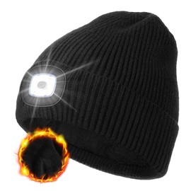 MELASA Fleece Lined LED Beanie with The Light for Men Women, Warm Stocking Hat with Light Built in, USB Rechargeable Hand Free Headlamp Beanie, Gifts for Dad Husband(Black)