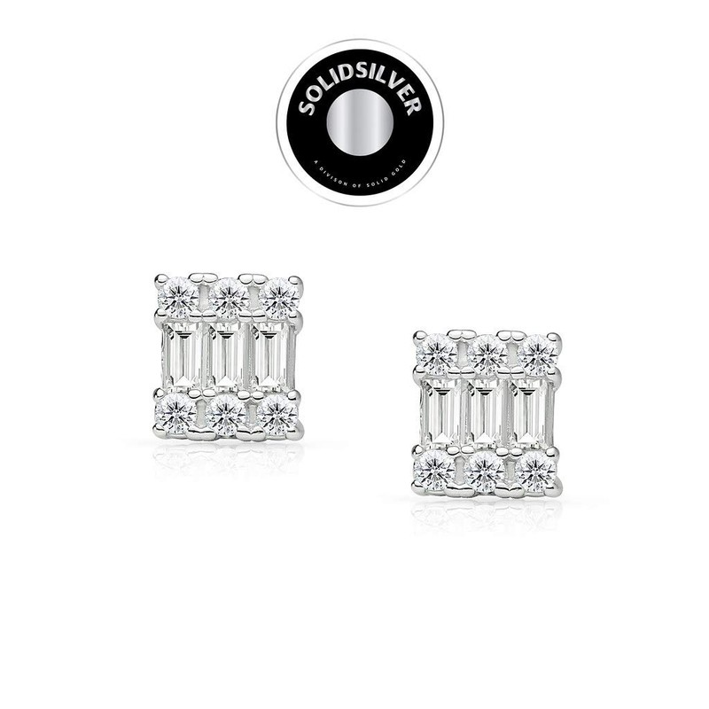 SOLIDSILVER -Sterling Silver Square cut Crystal Clear CZ Accent Stud