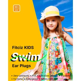 Fitciz Swim Ear Plugs for Kids (Aged 10+), Zero-Pressure, Kids Sizes [Small], 5 Colors, for Swim & Waterproof, Undetachable Design (Size S, Pairs*3, Colors*3) (Light Blue - Orange - Black)