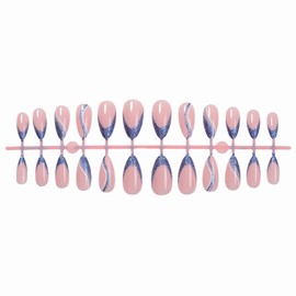 MISUD Press on Nails Almond Medium Fake Nails Glossy Glue on Nails Bling Blue Purple Glitter Acrylic Nails Stiletto Artificial Nails Swirl Stick on False Nails with Design 24 pcs