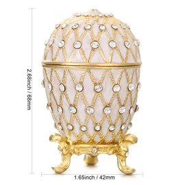 Hand Painted Trinket Box for Home Decor, Hinged Enameled Jewelry Box for Ring Earrings Jewelry Organizer, Unique Vintage Bejeweled Storage Figurine Collectible Keepsake (Faberge Egg-Ivory)