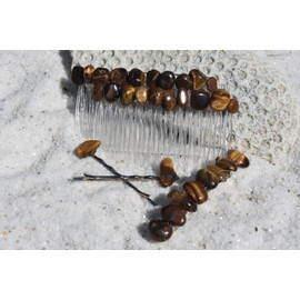 Gold Tiger's Eye Stone Hair Clip Set - Includes 2 Hair Combs, 1 60 mm French Barrette, 2 Hair Pins