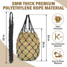 2PCS Slow Feed Hay Net for Goat, 33" Length and 2" Holes Hay Nets, Hanging Hay Feeder Bag for with Using 5mm Thick Woven Mesh Rope, Can Hold 1 to 1.5 Flakes of Hay, Chew-Resistant Polyethylene Fiber