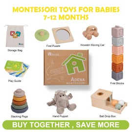 Adena Montessori Play Kit for 7-12 Month Baby,6 in 1 Learning Educational Brain Development Toys for Toddler Includ First Puzzle,Ball Drop Box,Stacking Pegs,First Blocks,Wooden Moving Car,Hand Puppet