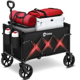 Sekey Wagon Cart with Wheels with 220LBS Capacity,Heavy Duty Wagon Carts Foldable with Drink Holders,Lightweight Utility Portable Cart for Grocery, Shopping, Garden, Camping. Black