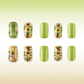 Green Square Press on Nails Medium Length Fake Nails Spring Flower False Nails Cute Gloss Acrylic Nails Floral Stick on Nails Reusable Glue on Nails for Women Girls Manicure Kit 24Pcs