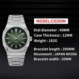 CADISEN Men’s Automatic Watch Mechanical NH35 Movement Waterproof Sapphire Glass Casual Business Watches…, green, Mechanical,Automatic Watch