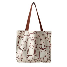 LEEQ Shopping Bag Cat Pattern White - Tote Bag with Zip, Canvas Bag, Cotton Reusable Shopping Bag with Bag, Beach Bags Aesthetics for Women as a Gift, White