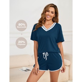 Becotal Women's Short Pyjamas Summer Shorty Sleepwear Cotton Loungewear Outfit V-Neck Leisure Suit Two Piece Set Women Pyjamas Short Sleeve, blue