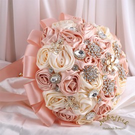 Mhojpik 9.8" Peach Pink & Cream Bridal Wedding Bouquet Round Bling Brooch Bouquet Throw Toss Artificial Rose Flower Bunch for Bride Bridesmaid Wedding Quinceanera
