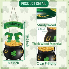 St Patricks Day Decorations St Patricks Day Wreath Front Door Decorations Wooden Door Hanger Gold Coin Jar Leprechaun Feet Welcome Sign Hanging Decor for Front Door Wall Indoor Home Decor