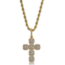 TOPGRILLZ Solid Tennis Cross Pendant 14K Gold Plated Iced Out Necklace Pendant Chain for Men and Women Fashion Gift(Gold)