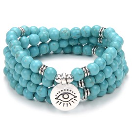 108 Mala Prayer Chain Bracelet Necklace Protection Yoga Meditation Jewellery with Evil Eye Charm Yoga Symbol, Stone