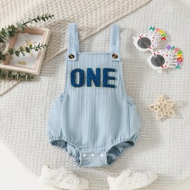 Geagodelia Infant Baby Boy Girl 1st Birthday Romper Sleeveless Letter Animal Embroidery Jumpsuit Button-up Corduroy Bodysuit Newborn Unisex Baby First Birthday Outfits (Blue, 12-18 Months)