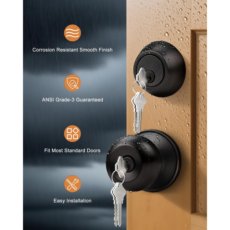 Probrico 3 Sets-Entry Door Knob Lockset and Single Cylinder Deadbolt