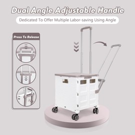 FELICON SELORSS Folding Utility Cart Rolling Crate Tote Basket Box Storage Handcart on 4 Swivel Wheels with Adjustable Handle Extended Magnetic Lid for Teacher Move Shop Travel Grocery Office(White)