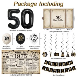 DARUNAXY 50th Birthday Party Decorations for Men Women, Vintage Back in 1975 Banner, Black 50 Number Balloons, Vintage Happy 50th Birthday Signature Guest Book & Hanging Swirl Confetti Balloons(22PC)