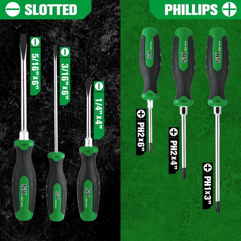 SK 6-Piece Magnetic Screwdriver Set, S2 Steel, 3 Slotted &