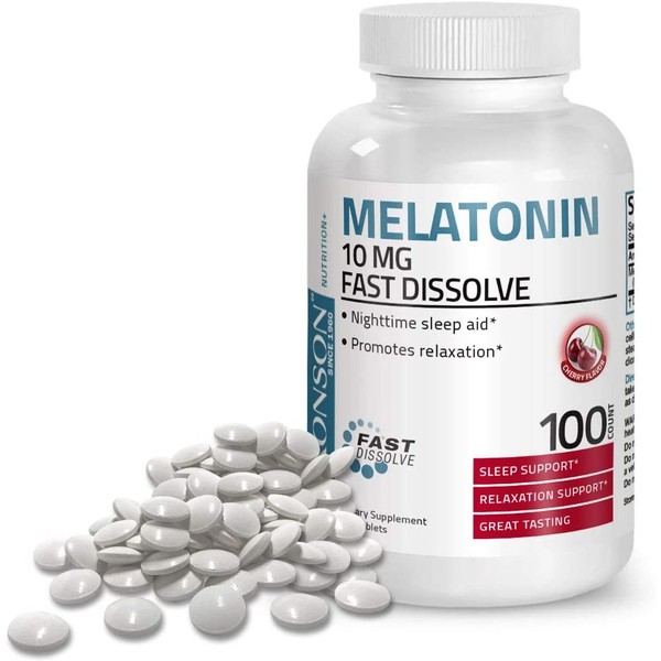 Bronson Melatonin 10mg Fast Dissolve Tablets - Nighttime Sleep Aid - Fall Asleep Faster, Stay Asleep Longer - 100 Cherry Flavored Fast Dissolve Tablets
