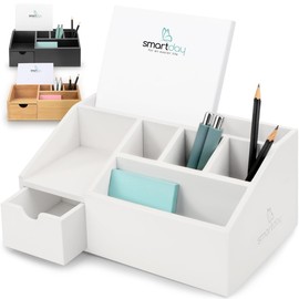 smartday Wooden Desk Organiser White with Drawer - Pen Box, Desk Tray, Office Organiser, Bamboo Pen Holder for Desk, Office, Home Office