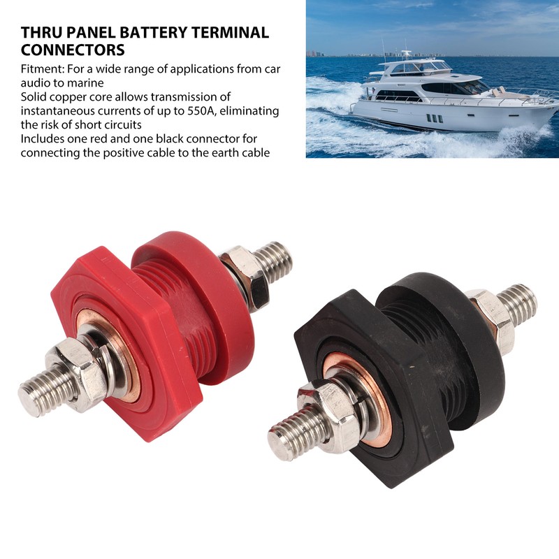 1Pair Thru Panel Battery Terminal Connectors 3/8 In Black Red