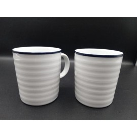 Crate & Barrel White Ribbed Blue Trim Portugal Roulette Spal Porcelain Set of 2