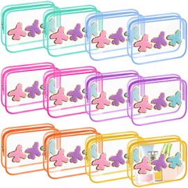 Kacctyen 12 Pcs Airplane Patch Clear Travel Bags for Toiletries Bulk Chenille Letter Makeup Bags Waterproof PVC Preppy Cosmetic Pouch Zippered Carry on Airport Flight Stuff Organizer for Women Girls