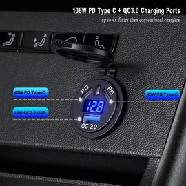 Dual PD 3.0 USB Car Socket Car Charger, Dual 45W PD Type C & 18W QC3.0 12V USB Socket with Switch and Voltmeter, Quick Charge, Waterproof for Car, Boat, Motorcycle, Marine RV