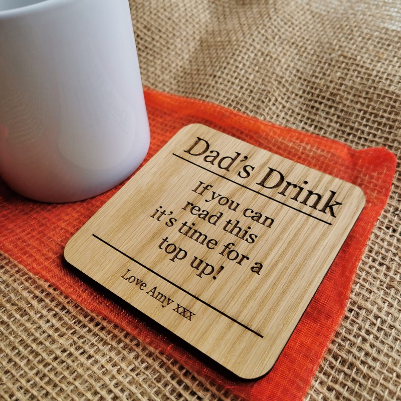 Drink Coaster Gift For Dad Mum Friend Office Wooden Oak