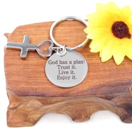 Llavero cristiano de acero inoxidable con accesorios de semillas de mostaza real y669, Heart Cross, Medium