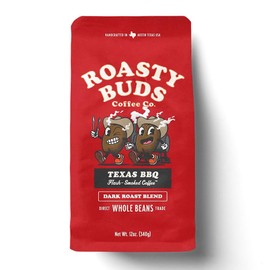 Roasty Buds Texas BBQ Coffee | Dark Roast, Specialty-Grade Whole Bean Arabica Coffee, Flash-Smoked (12 oz) | Gluten-Free, No Sugar/Dairy/Soy/Egg
