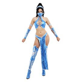 miccostumes Womens Game Fighting Cosplay Costume Outfit with Wristbands Arm Accessories Stockings Face Cover (Blue, X-Large)
