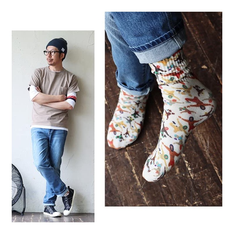 Gymmaster Socks, Thick, Middle Length, Happy Paint, Total Pattern, Non-Slip,