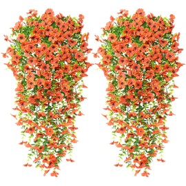UXORSN Artificial Fall Orange Hanging Orchid Flowers for Outdoor Fall Decoration 4PCS Faux Silk Violet UV Resistant Fall Greenery Flowers Stems for Home Garden Wall Porch Patio Autumn Decor