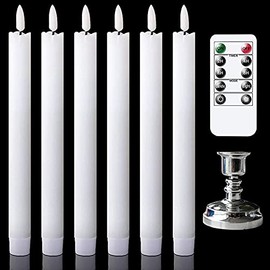 GenSwin Window Flameless Taper Candles with Remote & Timer, Real Wax Battery Operated Flickering LED Candles with Removable Silver Candle Holders for Wedding/Party/Birthday Decor(Pack of 6, White)